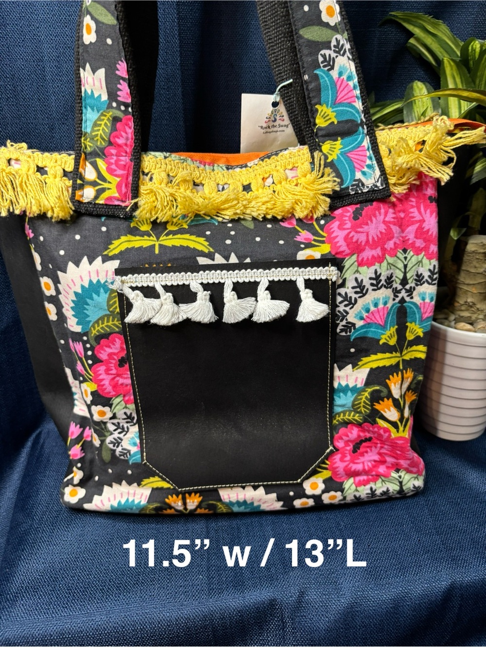 Floral Fringe Tote Bag with Leather  Tassel Pocket - Black/Pink
